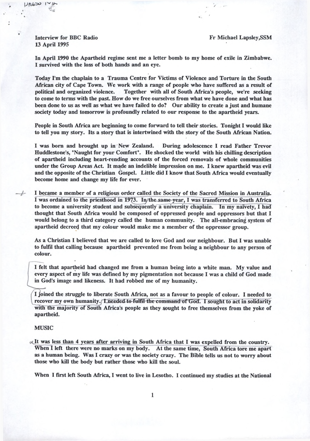 Interview for BBC Radio Fr Michael Lapsiey,SSM 13 April 1995 in April 1990 the Apartheid Regime Sent Me a Letter Bomb to My Home of Exile in Zimbabwe