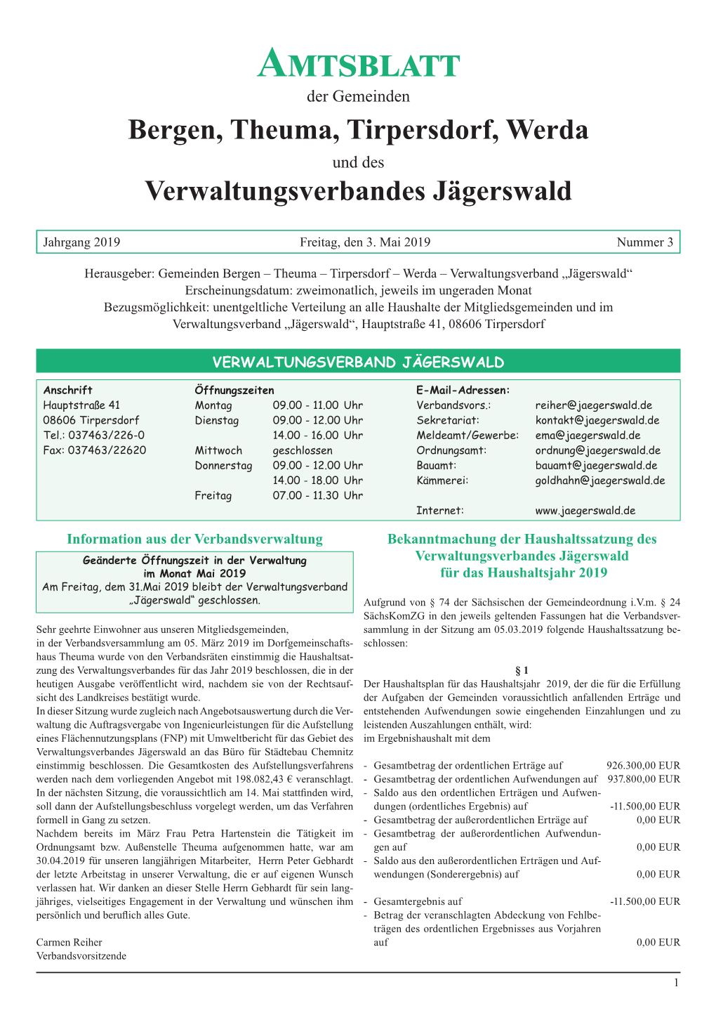 Bergen, Theuma, Tirpersdorf, Werda Und Des Verwaltungsverbandes Jägerswald