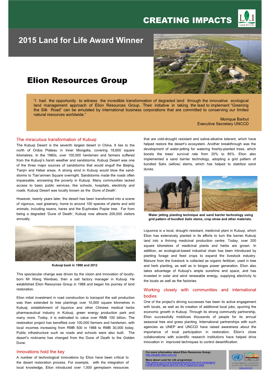 CREATING IMPACTS 2015 Land for Life Award Winner Elion Resources