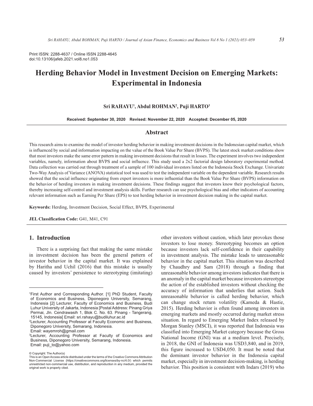 Herding Behavior Model in Investment Decision on Emerging Markets: Experimental in Indonesia