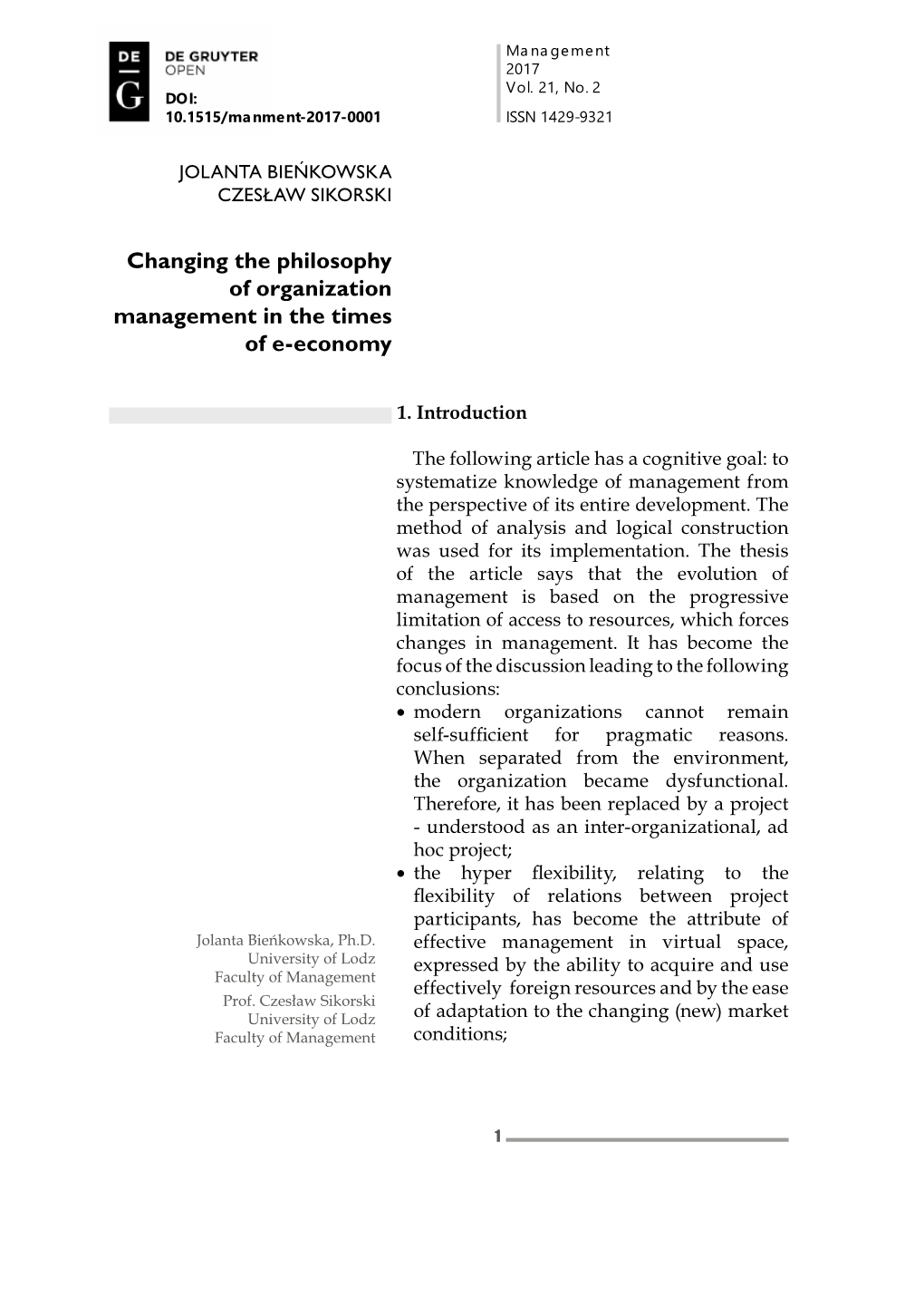 Changing the Philosophy of Organization Management in the Times of E-Economy