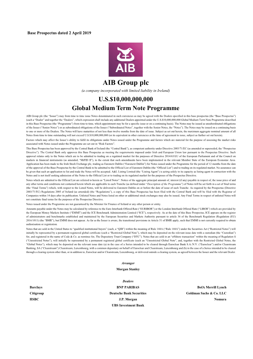 AIB Group Plc (A Company Incorporated with Limited Liability in Ireland) U.S.$10,000,000,000 Global Medium Term Note Programme