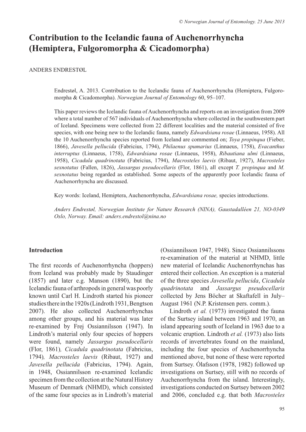Contribution to the Icelandic Fauna of Auchenorrhyncha (Hemiptera, Fulgoromorpha & Cicadomorpha)