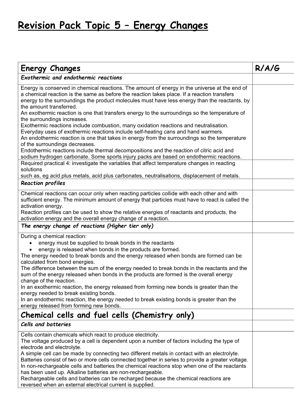 Revision Pack Topic 5 – Energy Changes