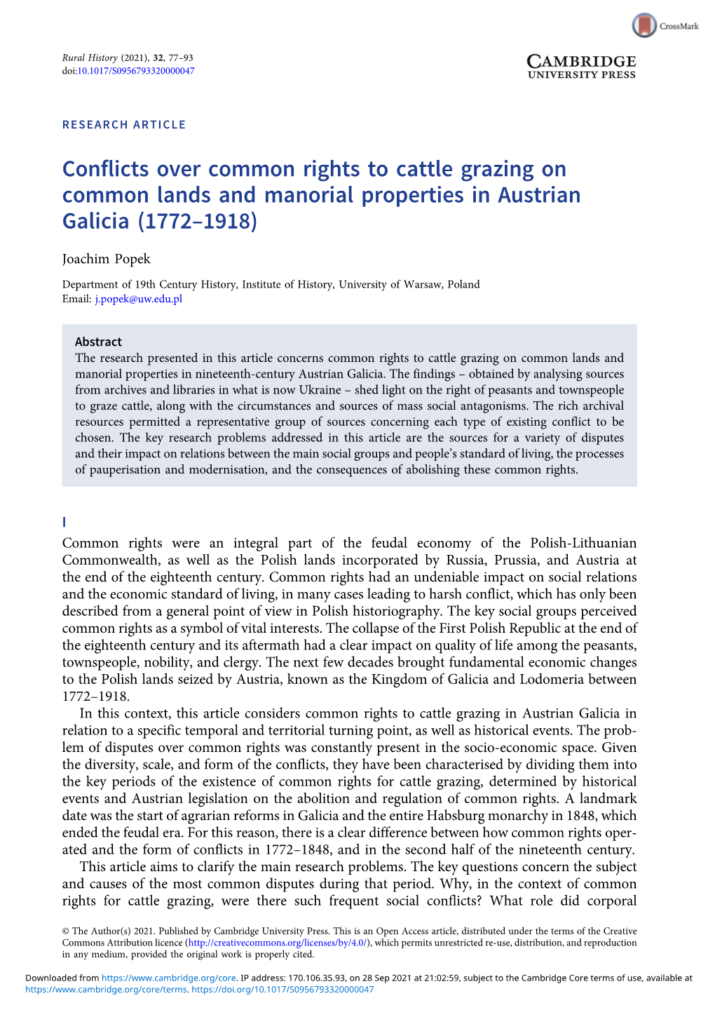 Conflicts Over Common Rights to Cattle Grazing on Common Lands and Manorial Properties in Austrian Galicia (1772-1918)