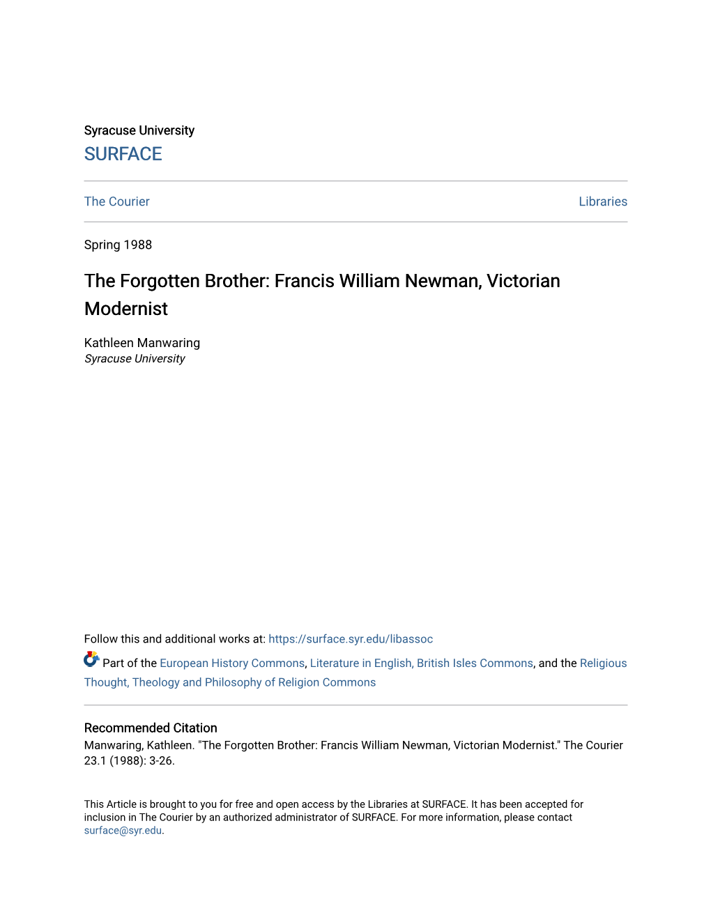 The Forgotten Brother: Francis William Newman, Victorian Modernist