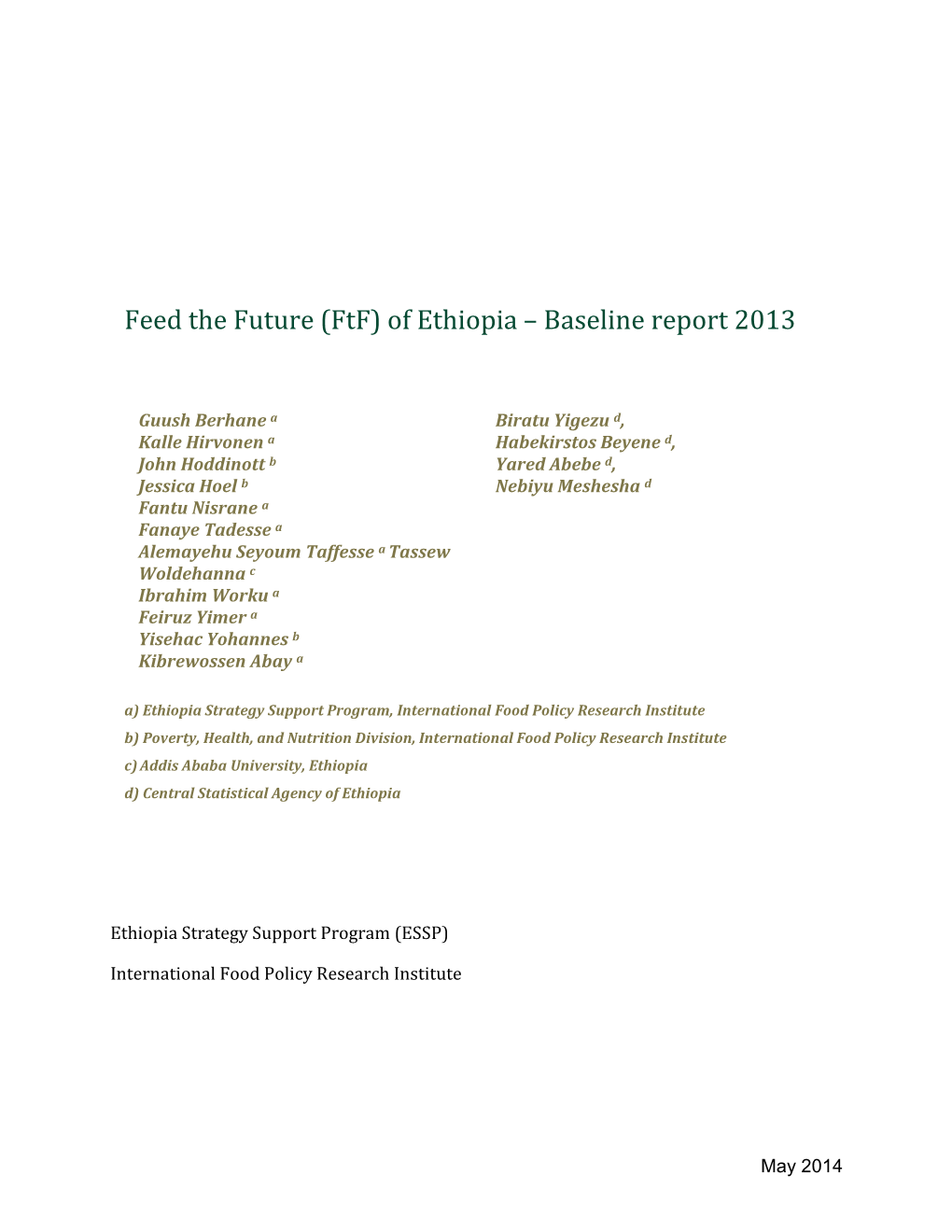 (Ftf) of Ethiopia – Baseline Report 2013