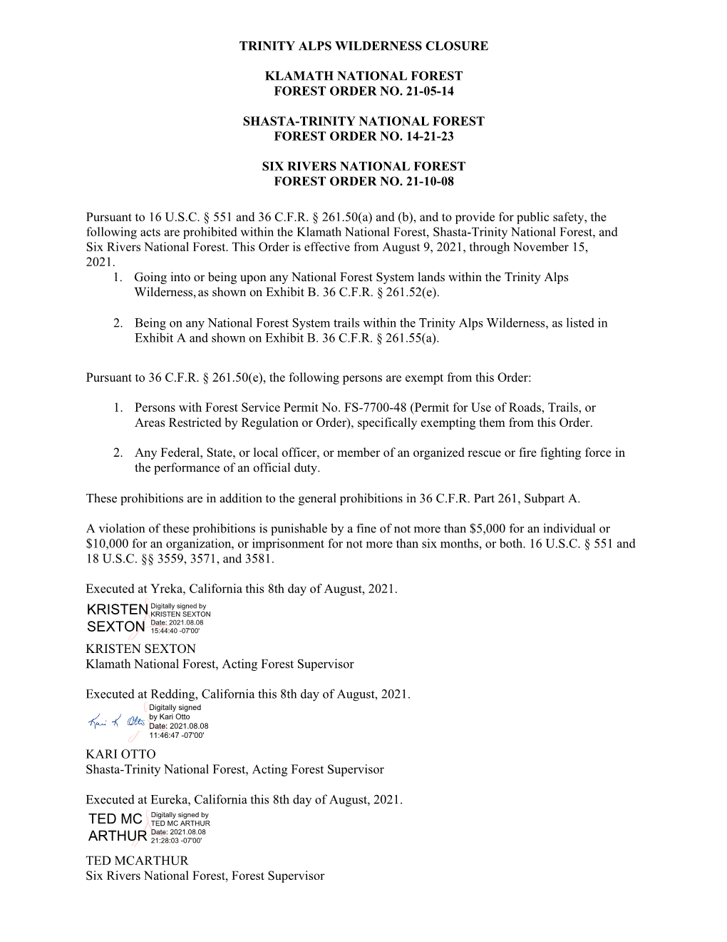 Trinity Alps Wilderness Closure Order 14-21-23