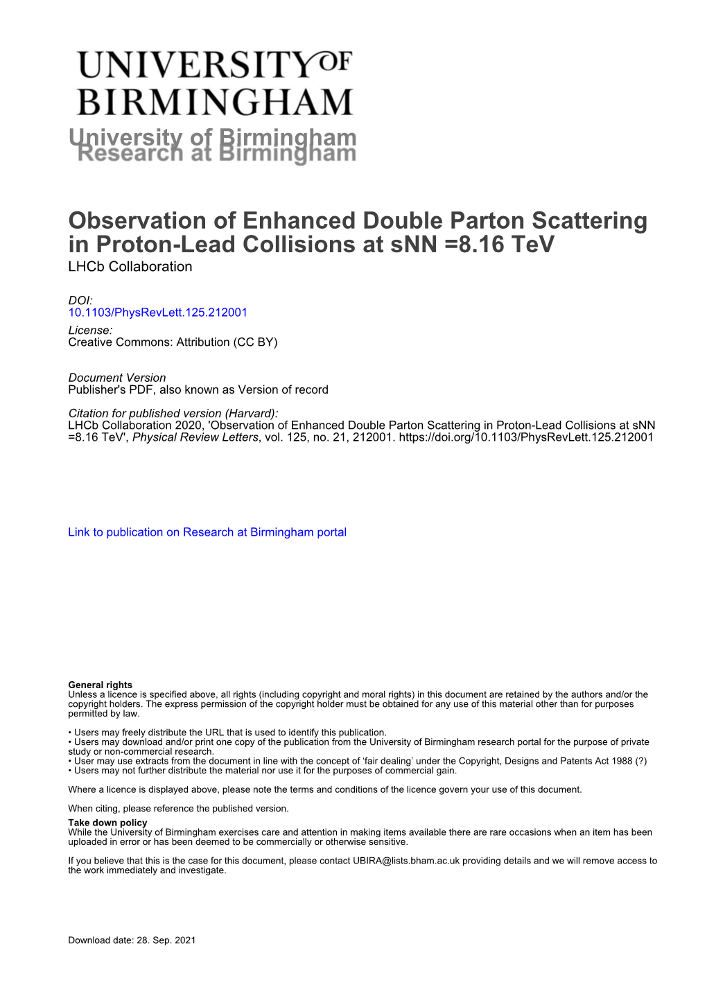 Observation of Enhanced Double Parton Scattering in Proton-Lead Collisions at Snn =8.16 Tev Lhcb Collaboration