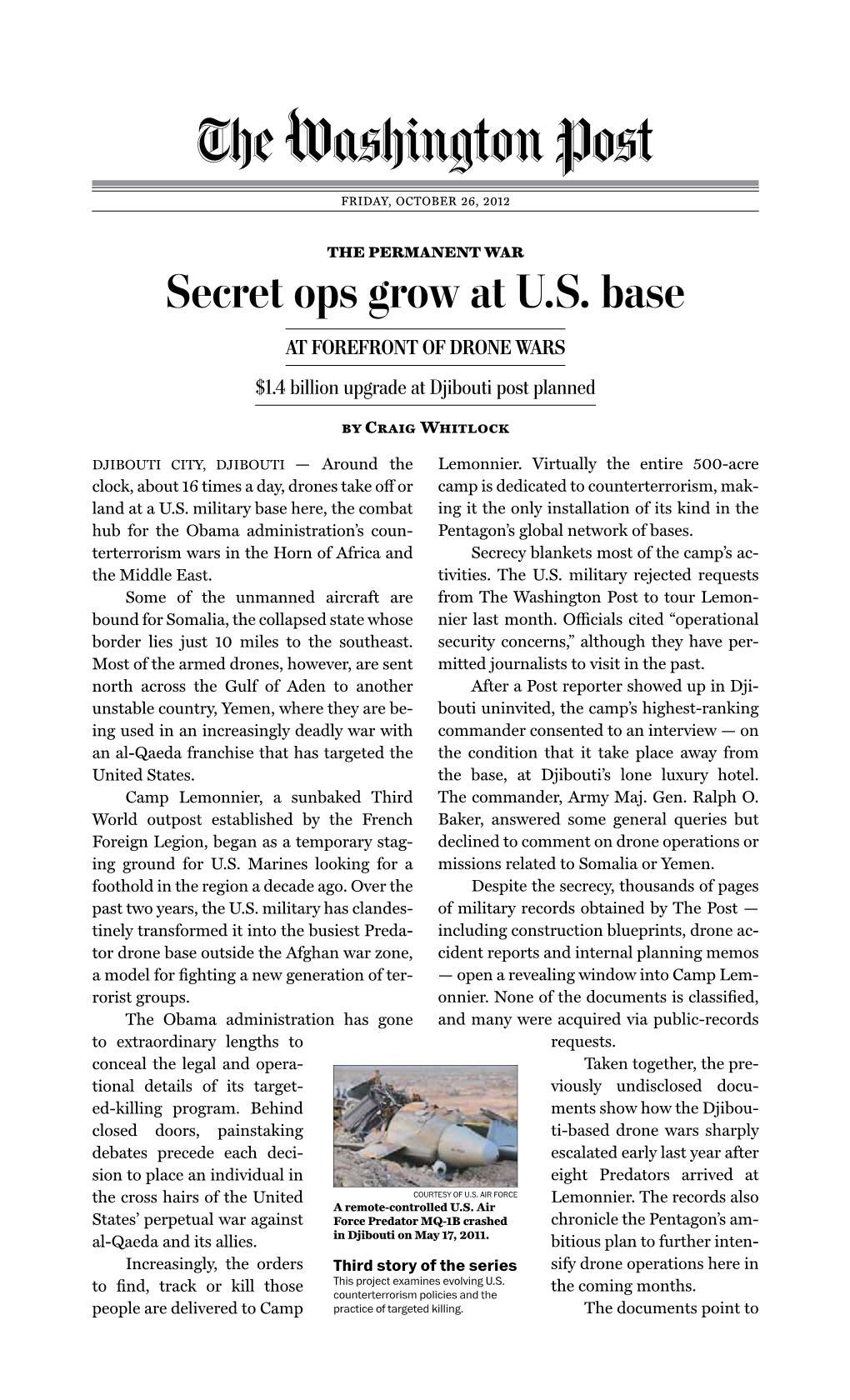 Secret Ops Grow at U.S. Base at Forefront of Drone Wars $1.4 Billion Upgrade at Djibouti Post Planned