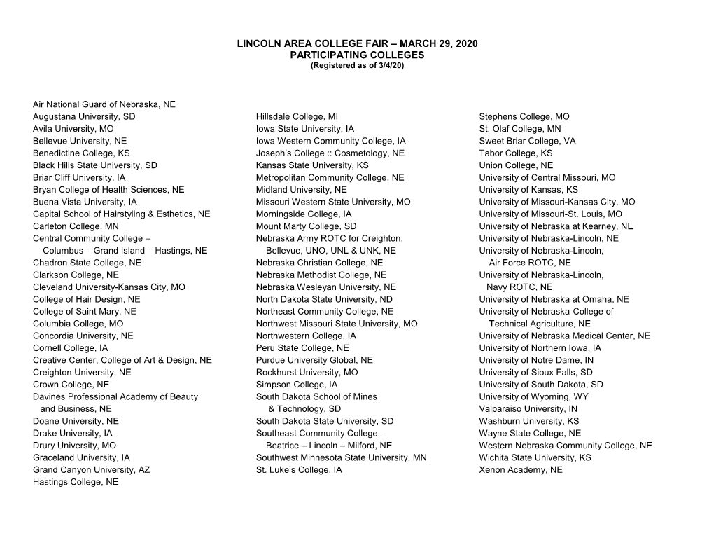 PARTICIPATING COLLEGES (Registered As of 3/4/20)