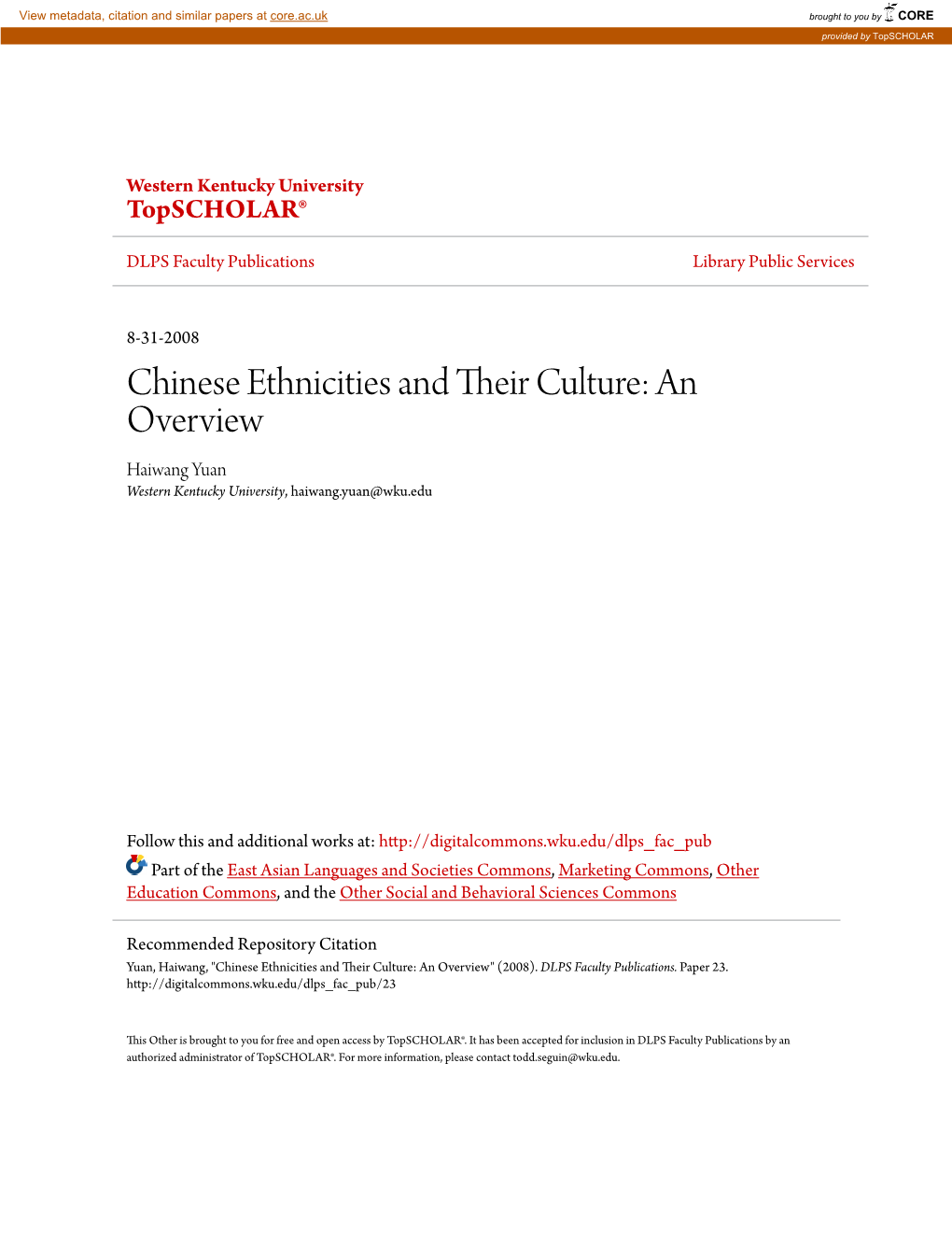 Chinese Ethnicities and Their Culture an Overview