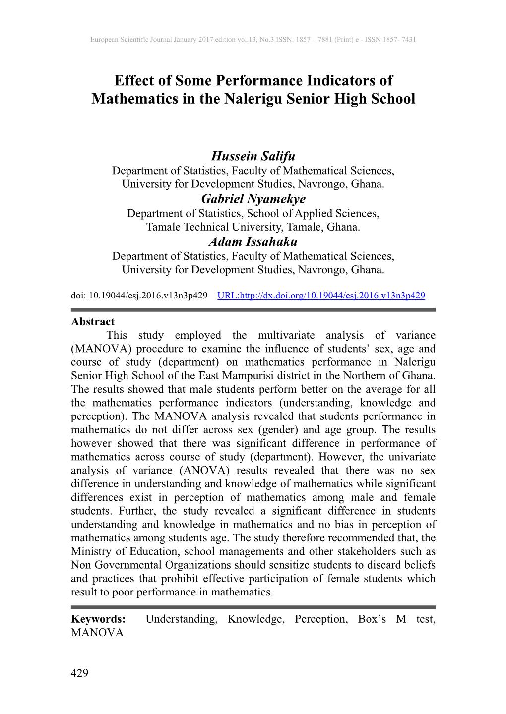 Effect of Some Performance Indicators of Mathematics in the Nalerigu Senior High School