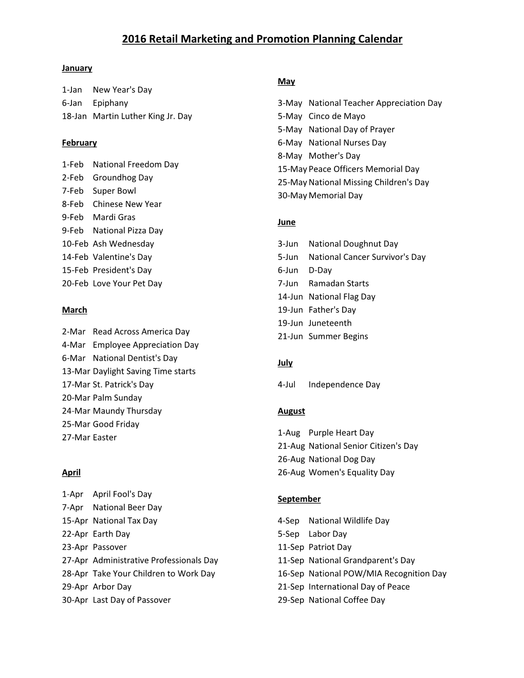 2016 Retail Marketing and Promotion Planning Calendar