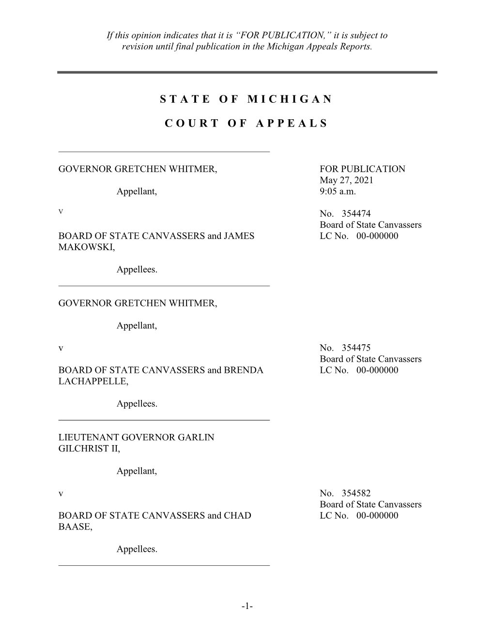 Coa 354474 Governor Gretchen Whitmer V Board