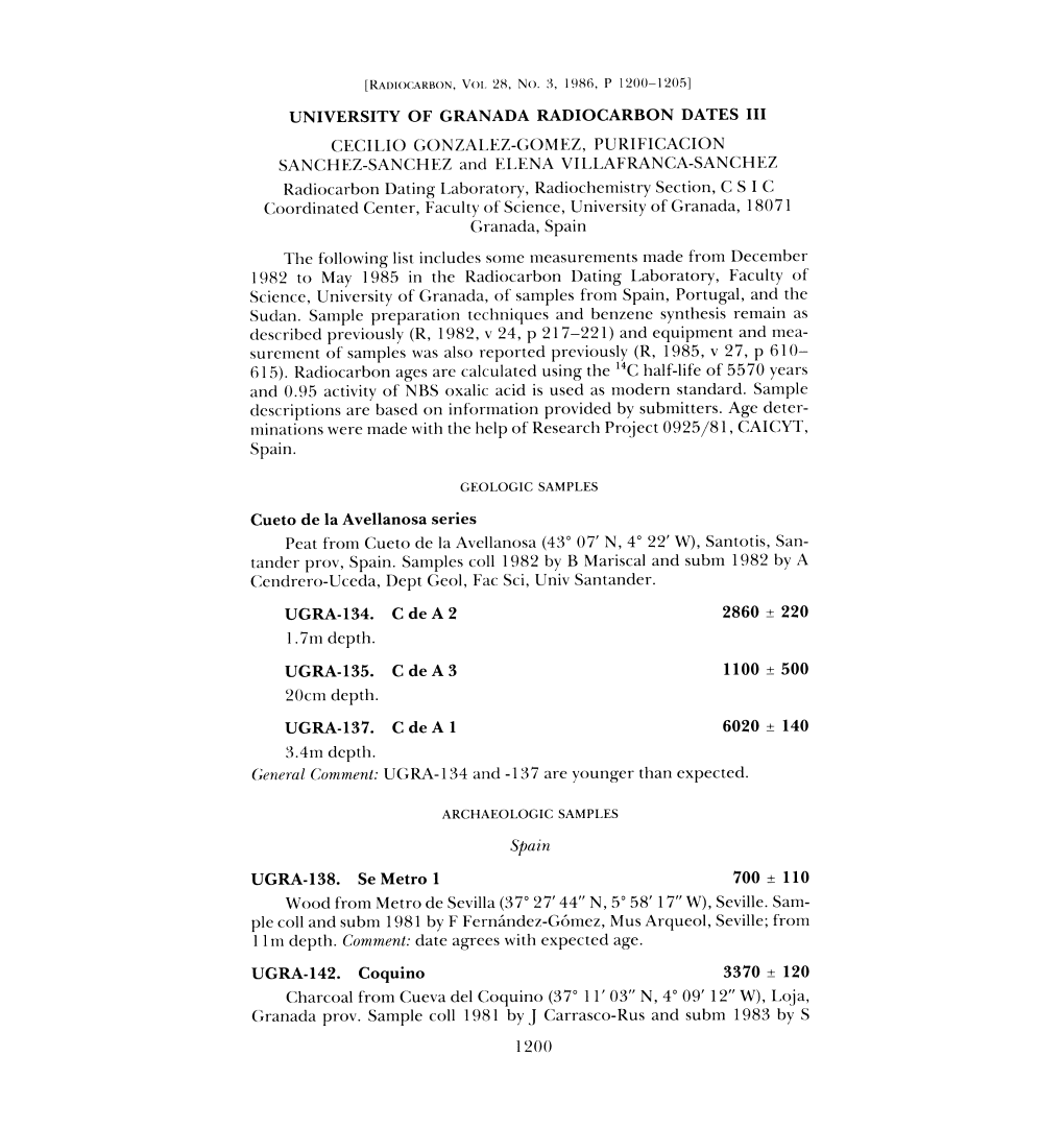 University of Granada Radiocarbon Dates Iii