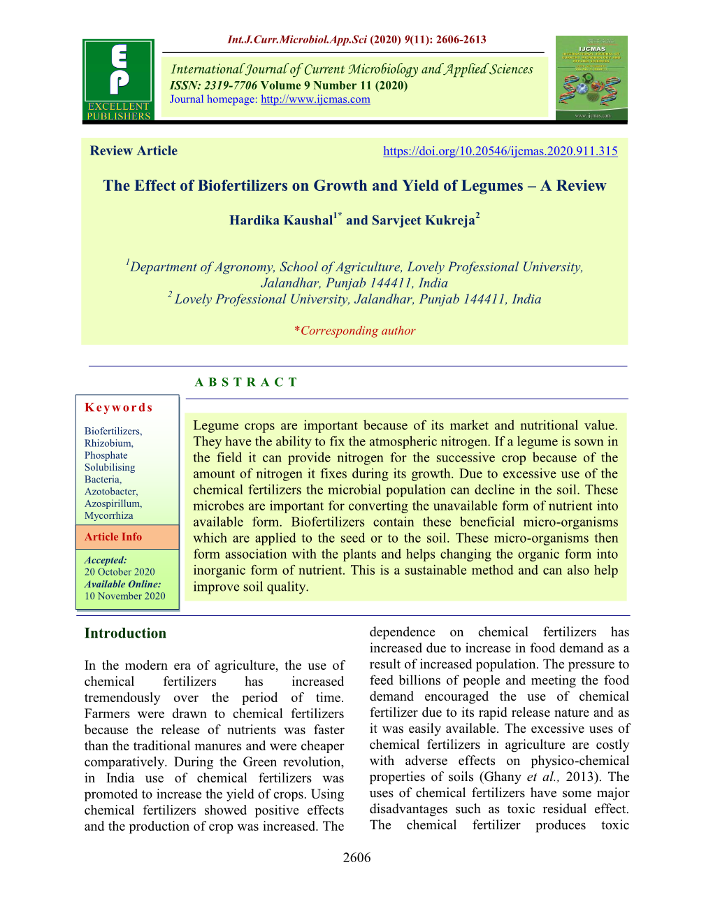 The Effect of Biofertilizers on Growth and Yield of Legumes – a Review