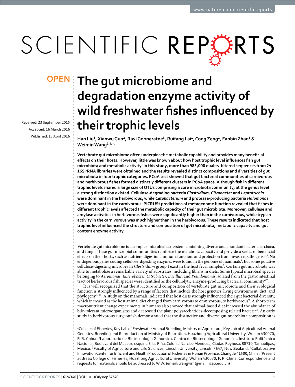 The Gut Microbiome and Degradation Enzyme Activity of Wild Freshwater