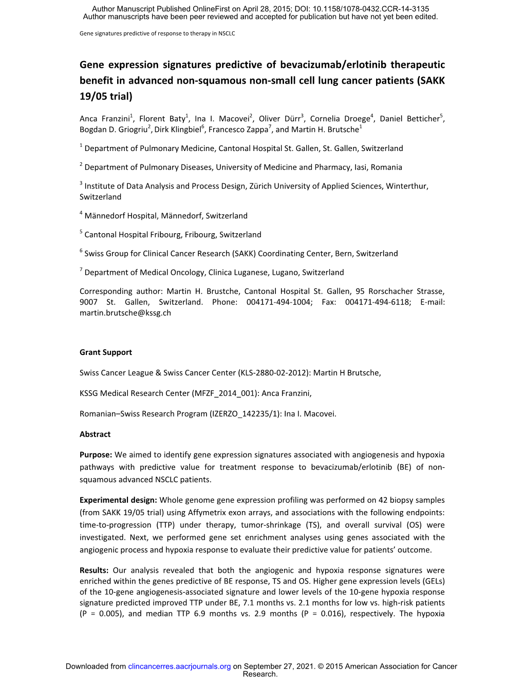 Gene Expression Signatures Predictive of Bevacizumab/Erlotinib Therapeutic Benefit in Advanced Non-Squamous Non-Small Cell Lung Cancer Patients (SAKK 19/05 Trial)