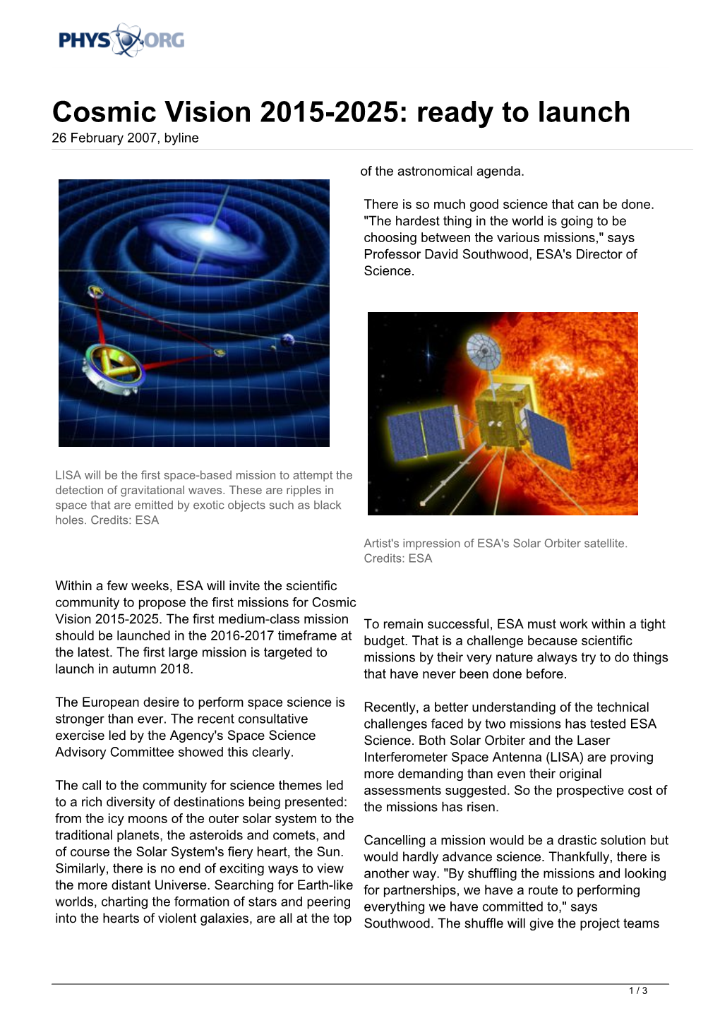 Cosmic Vision 2015-2025: Ready to Launch 26 February 2007, Byline