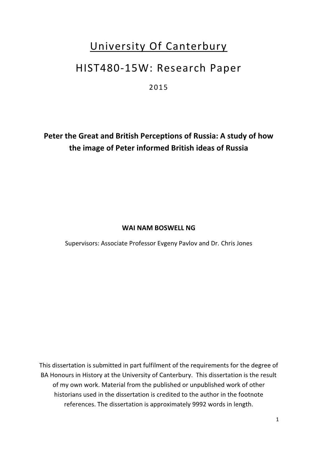 University of Canterbury HIST480-15W: Research Paper