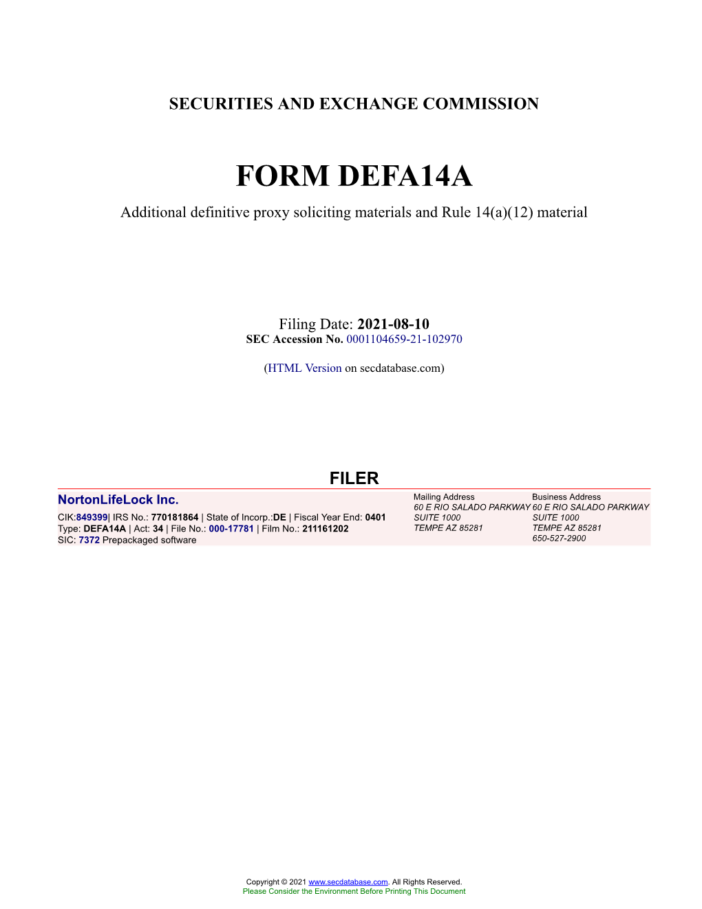 Nortonlifelock Inc. Form DEFA14A Filed 2021-08-10