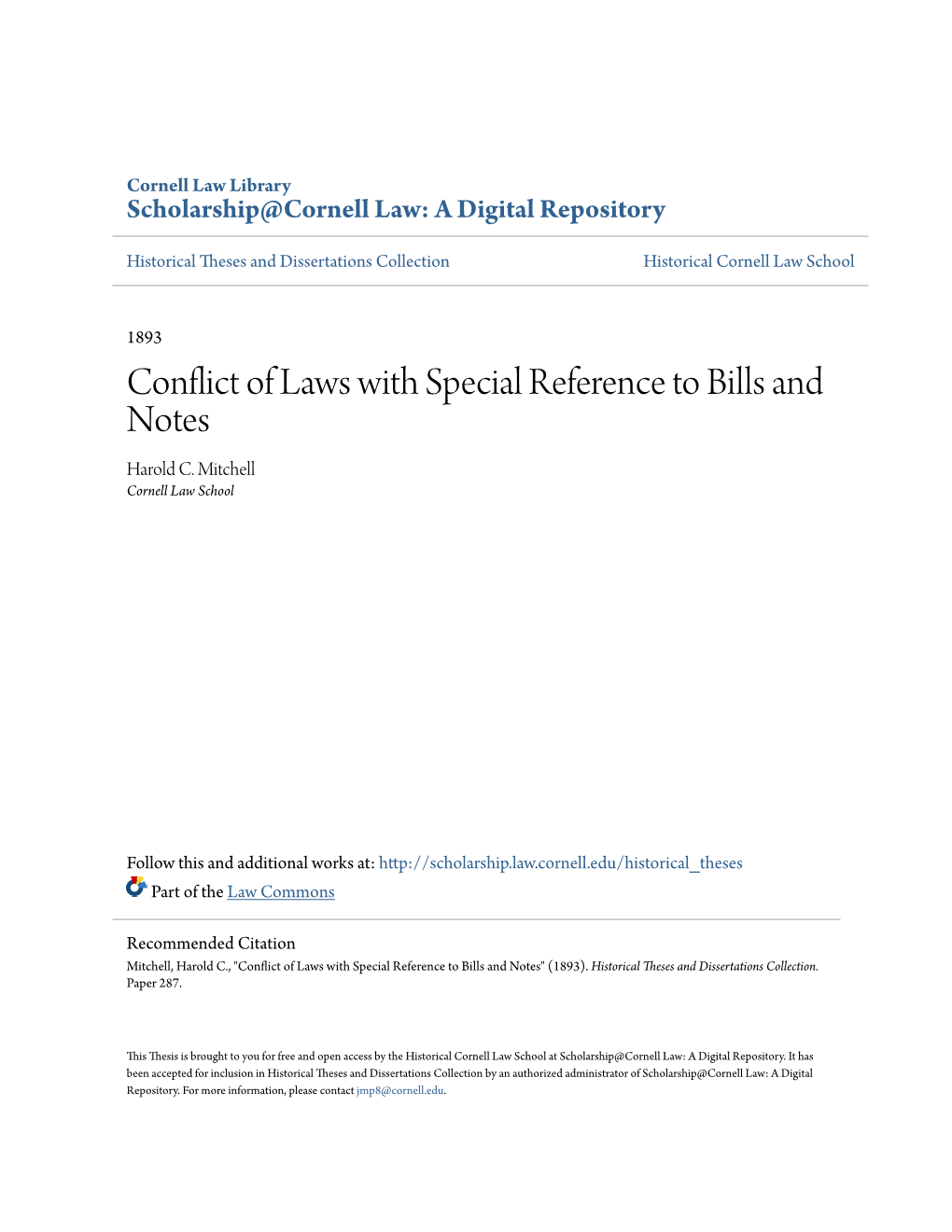 Conflict of Laws with Special Reference to Bills and Notes Harold C