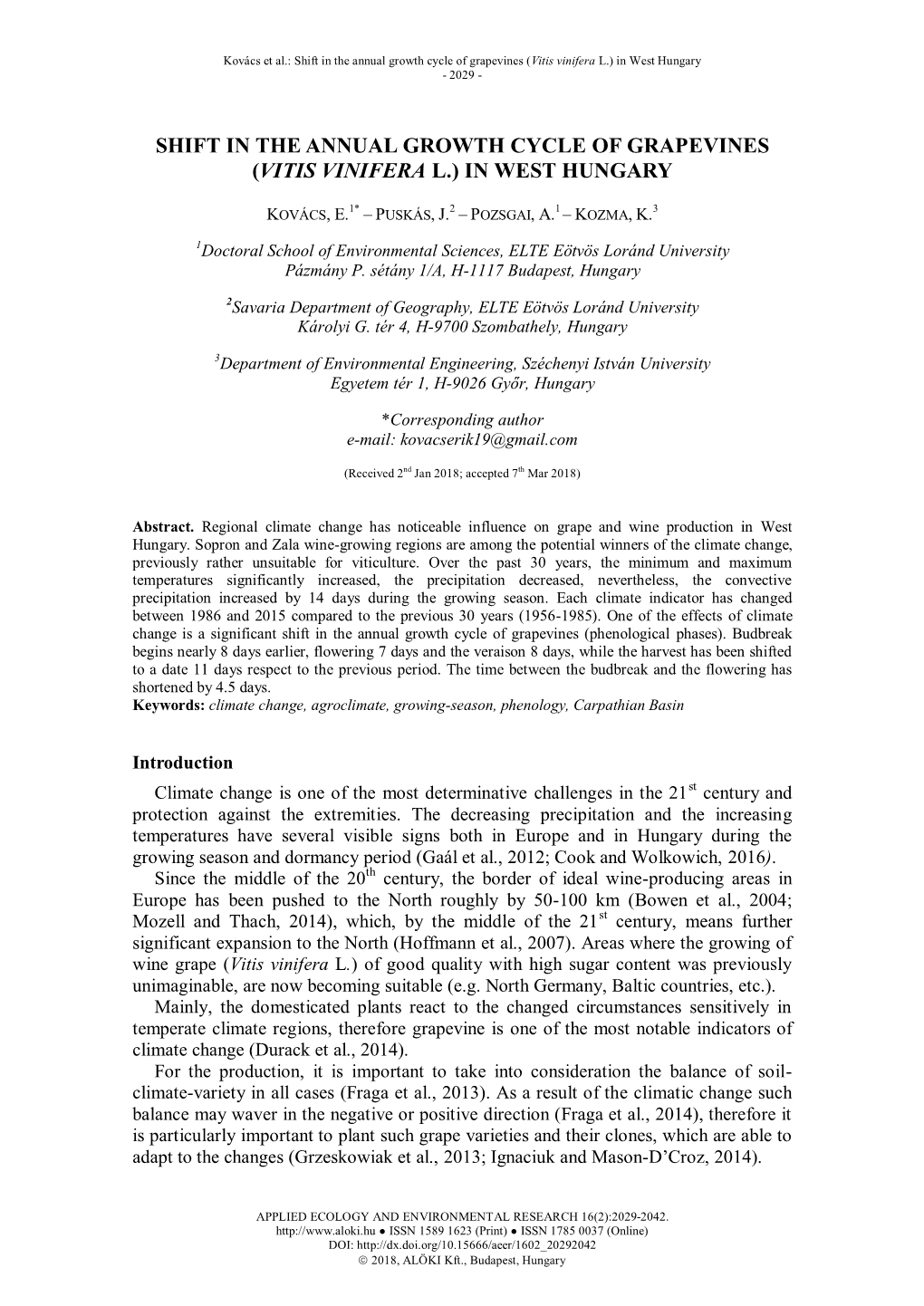 Shift in the Annual Growth Cycle of Grapevines (Vitis Vinifera L.) in West Hungary - 2029