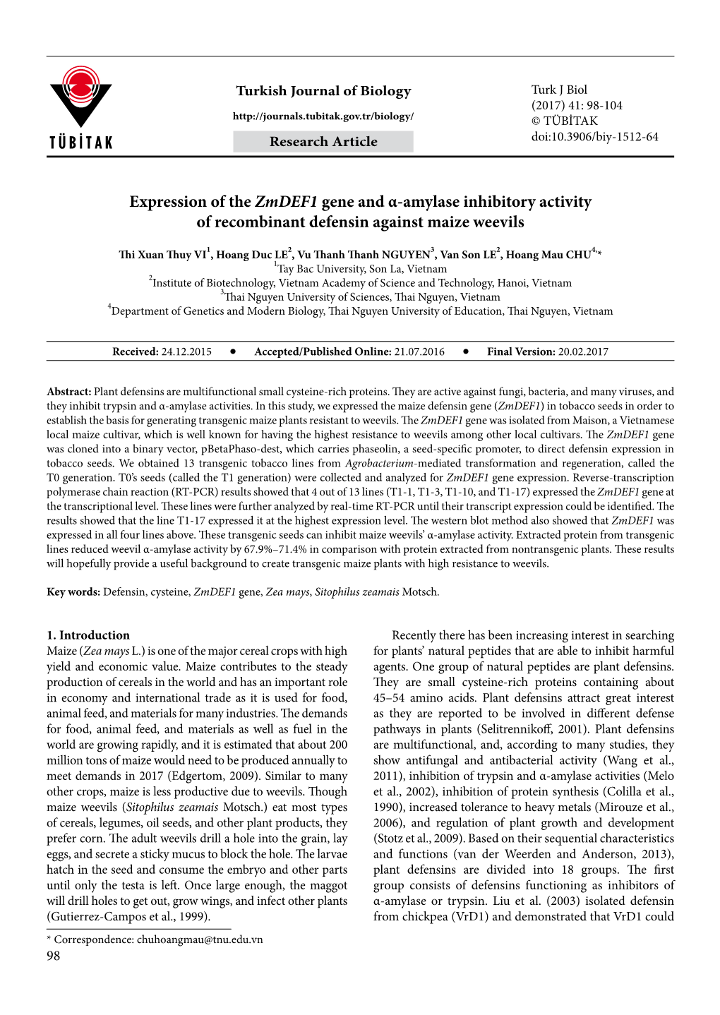 Expression of the Zmdef1 Gene and Α-Amylase Inhibitory Activity of Recombinant Defensin Against Maize Weevils