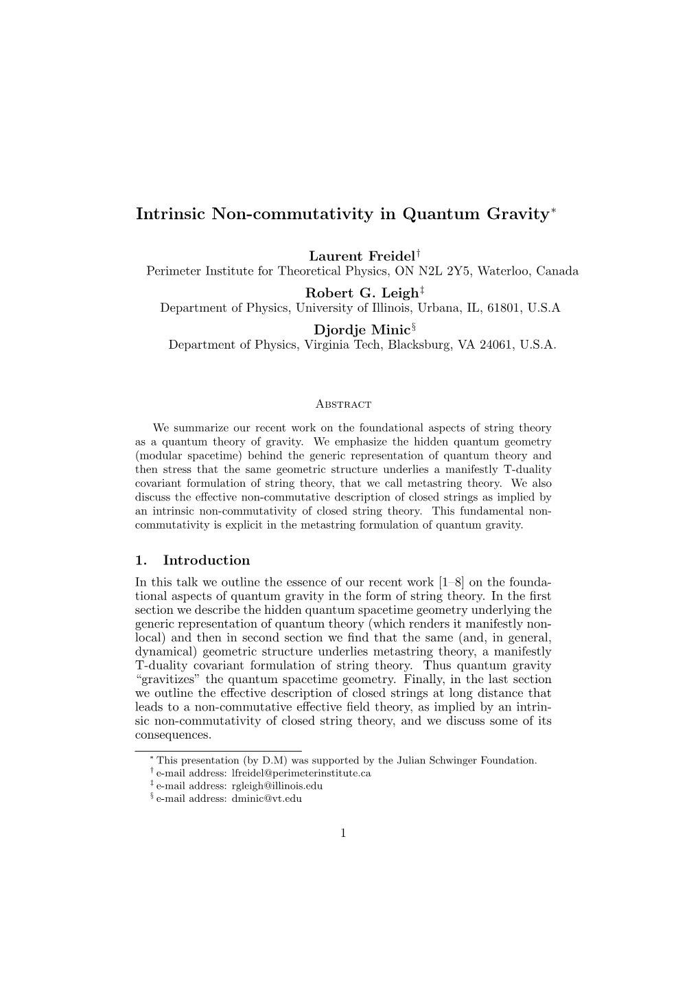 Intrinsic Non-Commutativity in Quantum Gravity∗