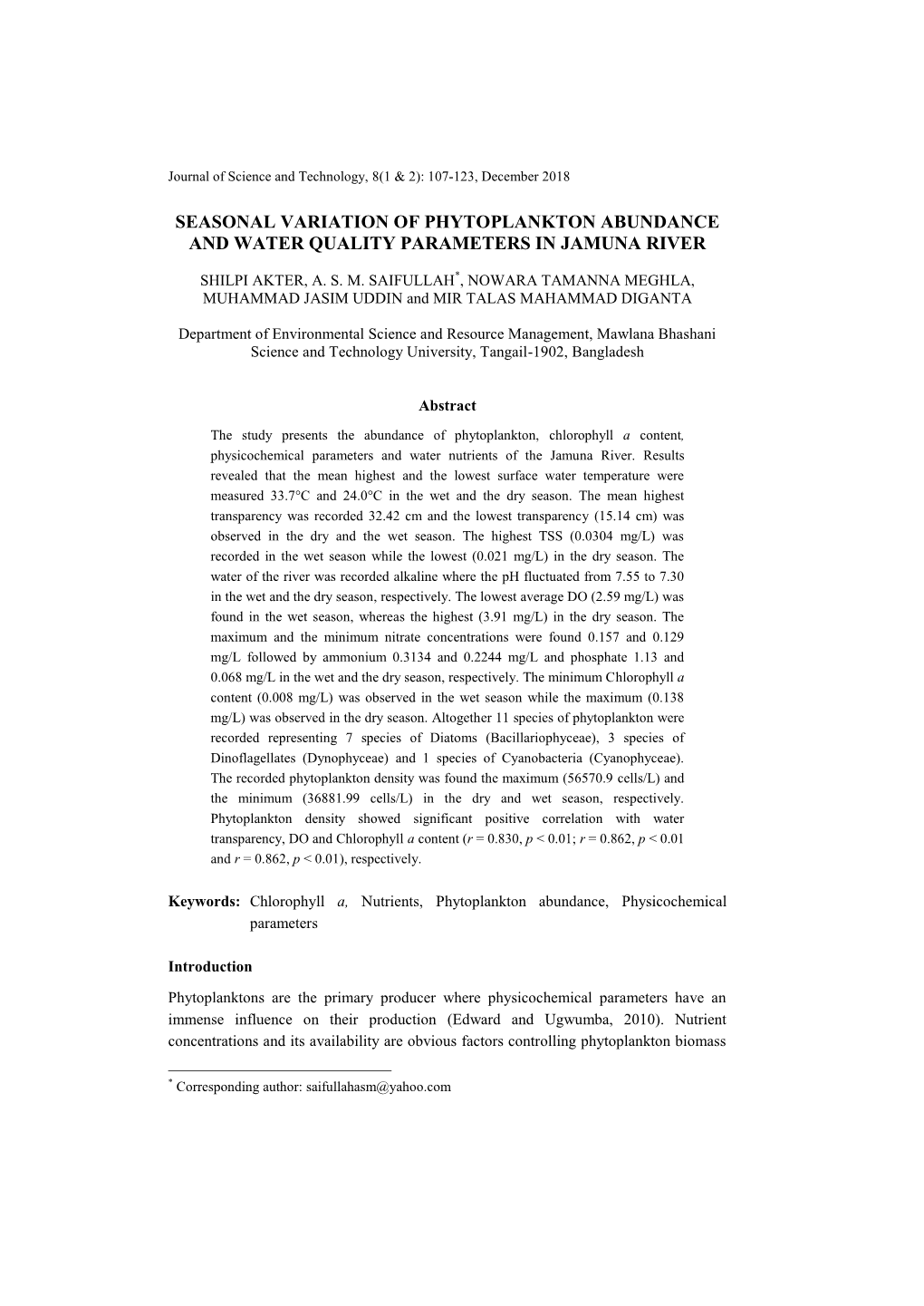 Seasonal Variation of Phytoplankton Abundance and Water Quality Parameters in Jamuna River