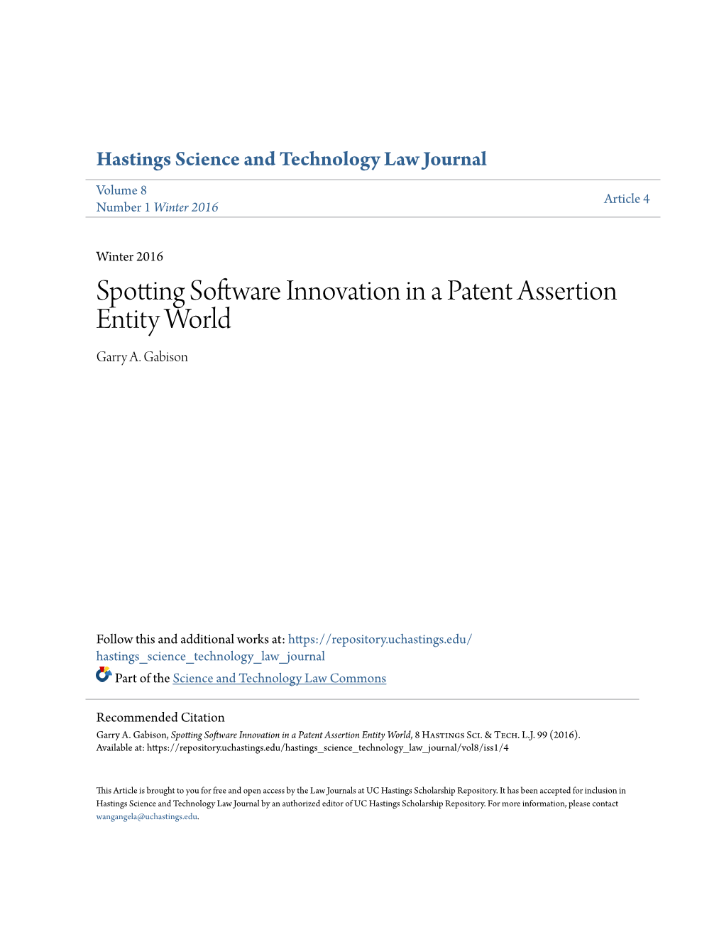 Spotting Software Innovation in a Patent Assertion Entity World Garry A