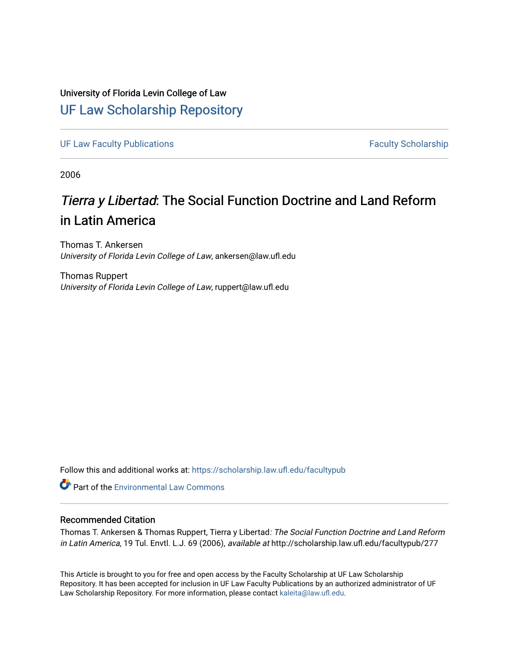 The Social Function Doctrine and Land Reform in Latin America