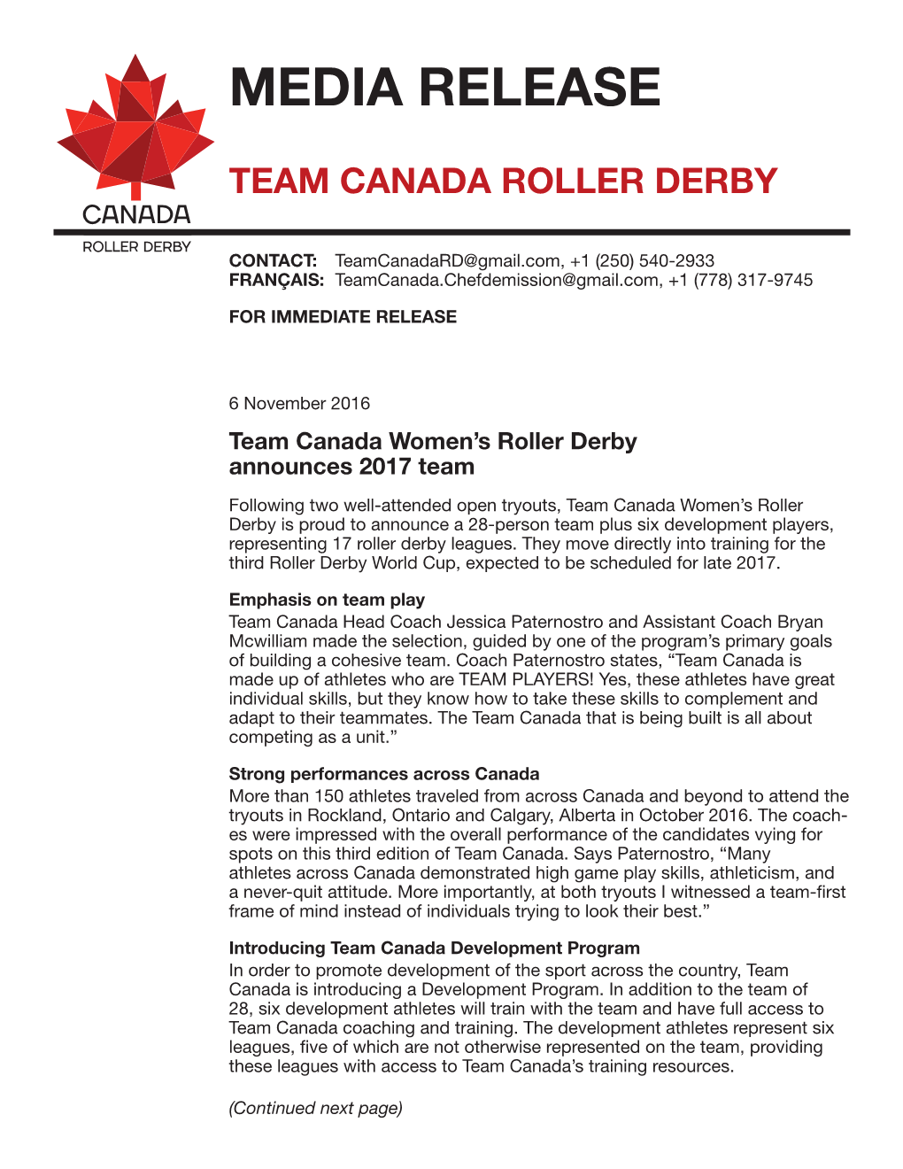 Team Canada Roller Derby Media Release