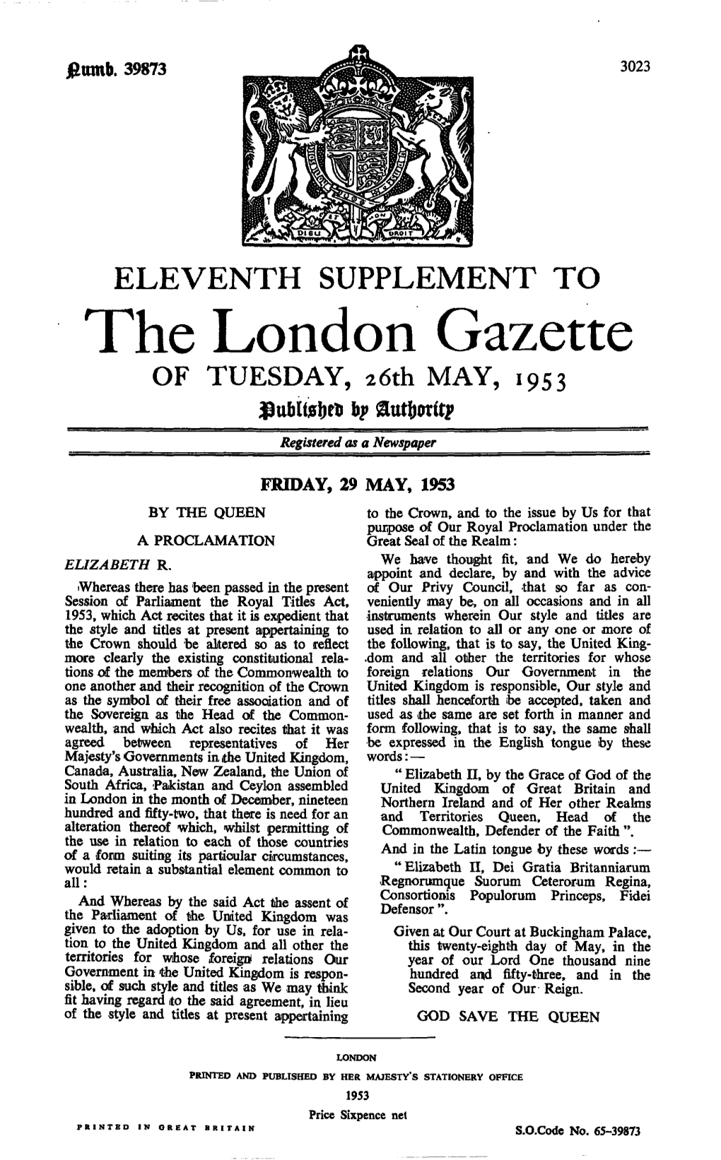 The London Gazette of TUESDAY, 26Th MAY, 1953 Sutfroritp Registered As a Newspaper