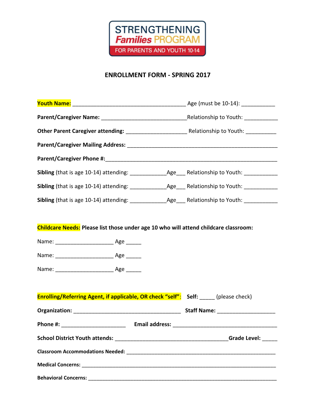 Enrollment Form - Spring 2017