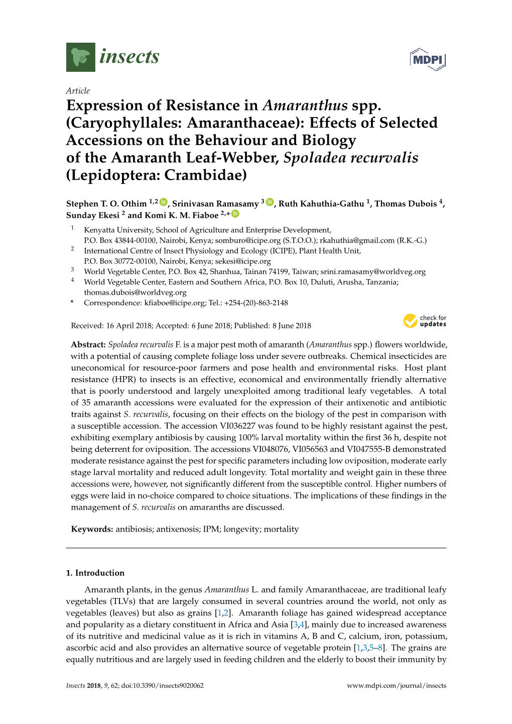 Expression of Resistance in Amaranthus Spp.(Caryophyllales