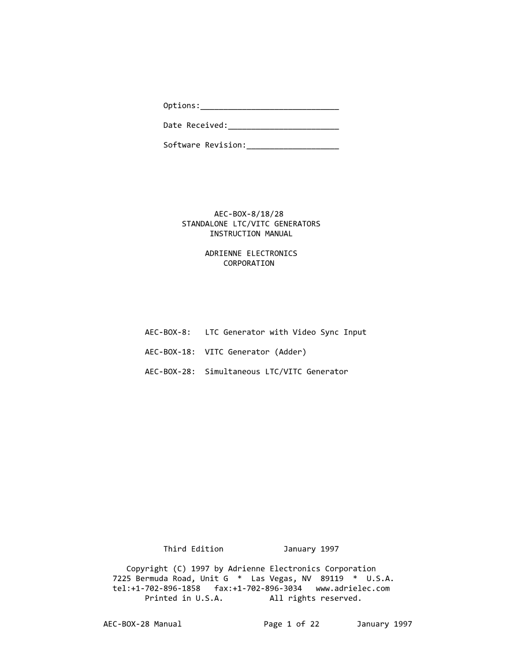 AEC-BOX-28 Manual Page 1 of 22 January 1997 *** FCC NOTICE ***