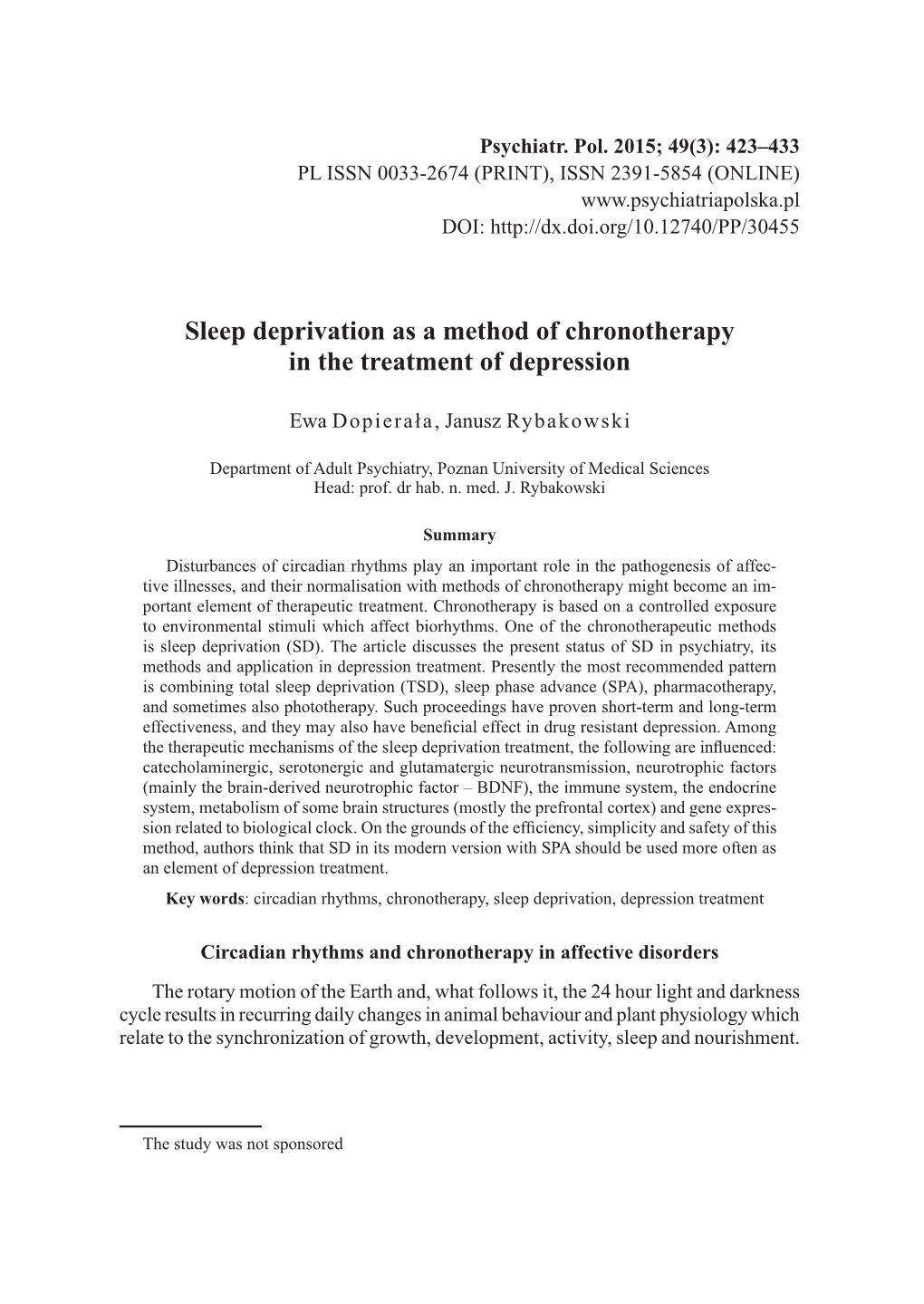 Sleep Deprivation As a Method of Chronotherapy in the Treatment of Depression