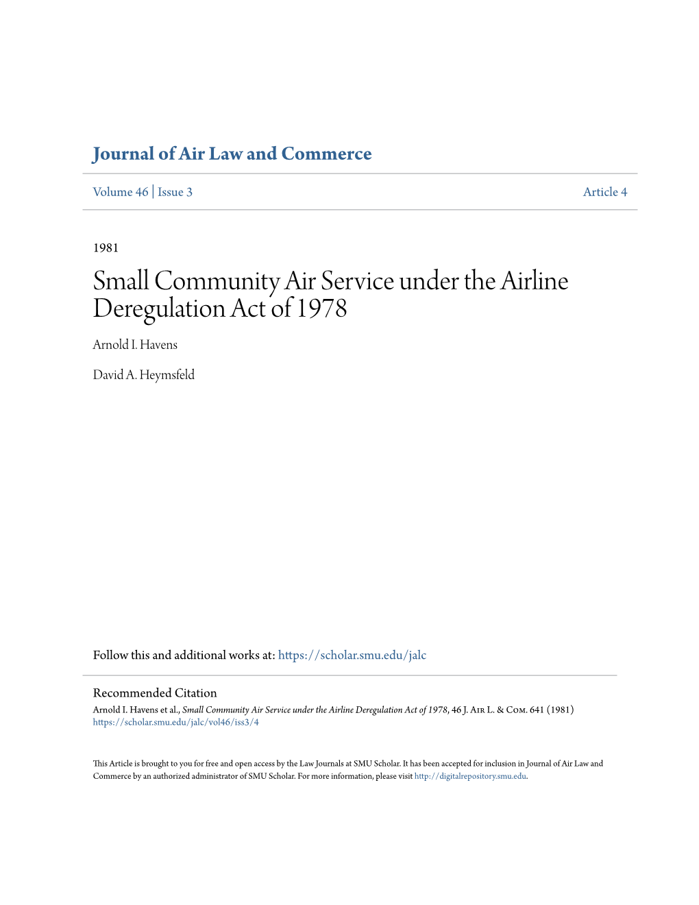 Small Community Air Service Under the Airline Deregulation Act of 1978 Arnold I