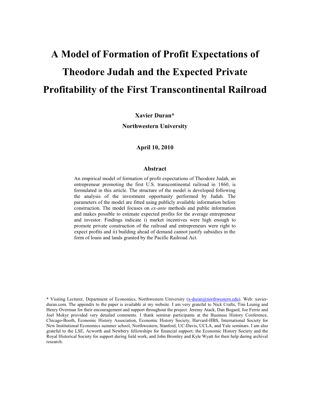 A Model of Formation of Profit Expectations of Theodore Judah and the Expected Private Profitability of the First Transcontinental Railroad