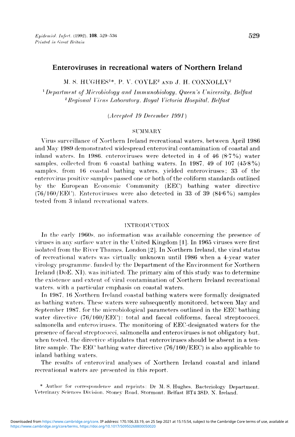 Enteroviruses in Recreational Waters of Northern Ireland M