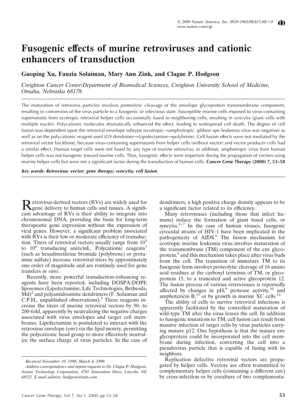 Fusogenic Effects of Murine Retroviruses and Cationic Enhancers of Transduction