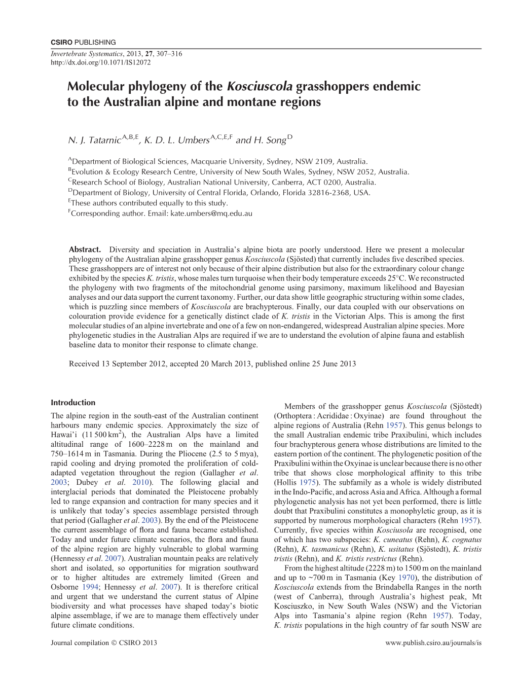 Molecular Phylogeny of the Kosciuscola Grasshoppers Endemic to the Australian Alpine and Montane Regions