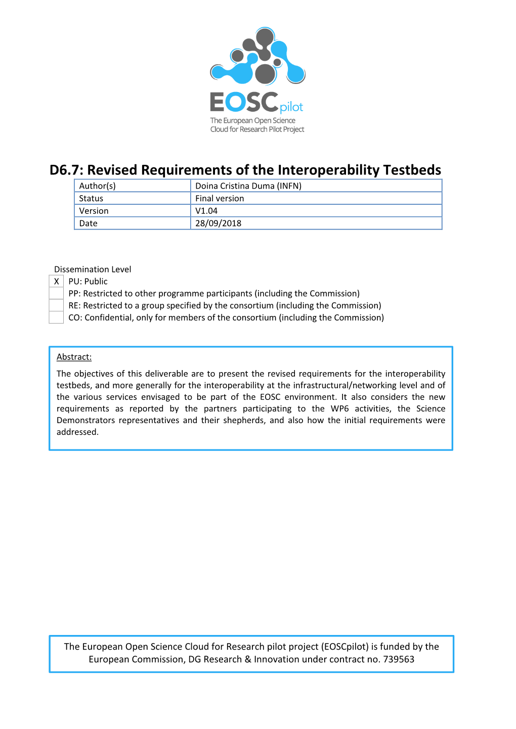 D6.7: Revised Requirements of the Interoperability Testbeds Author(S) Doina Cristina Duma (INFN) Status Final Version Version V1.04 Date 28/09/2018