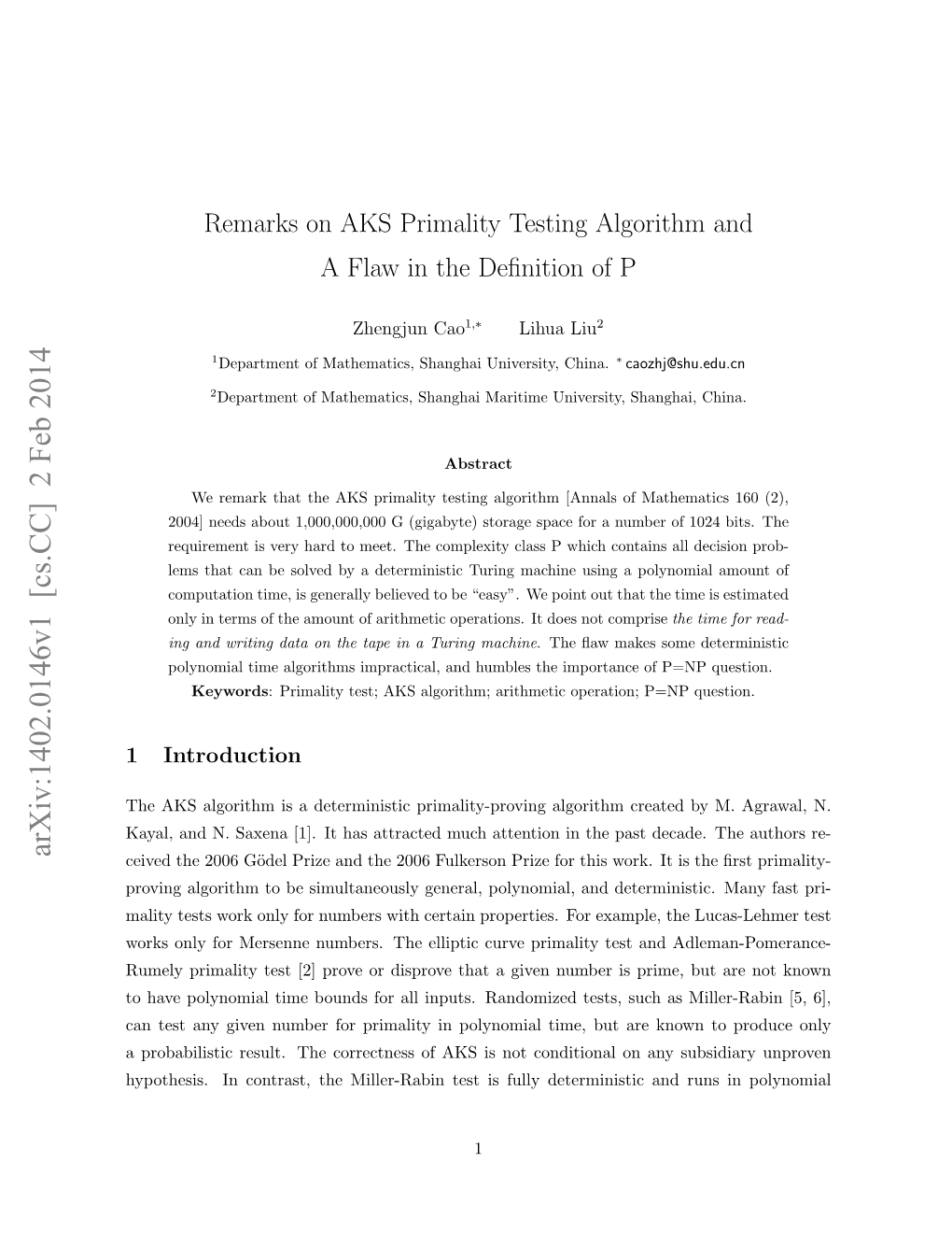 Remarks on AKS Primality Testing Algorithm and a Flaw in the Definition of P