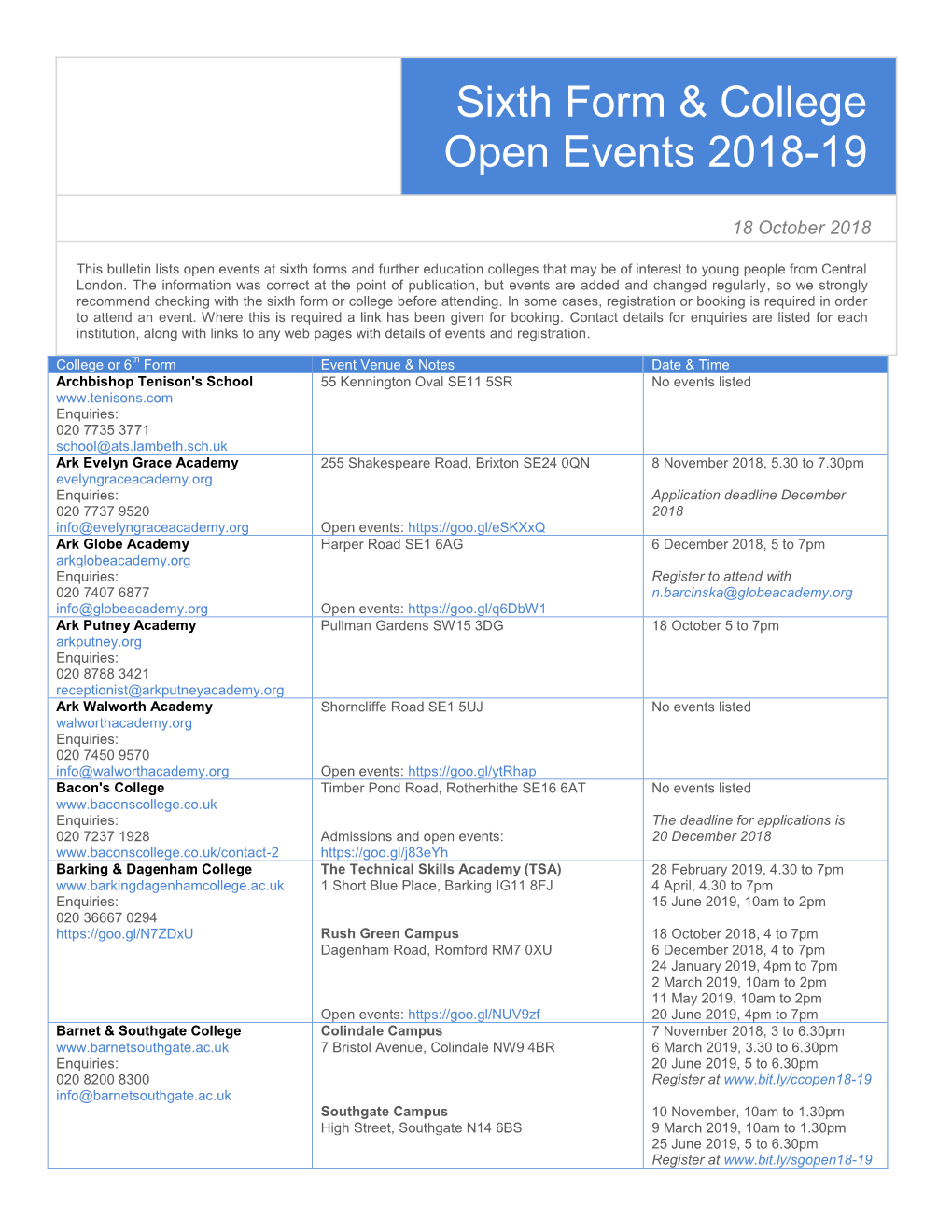 Sixth Form and College Open Events