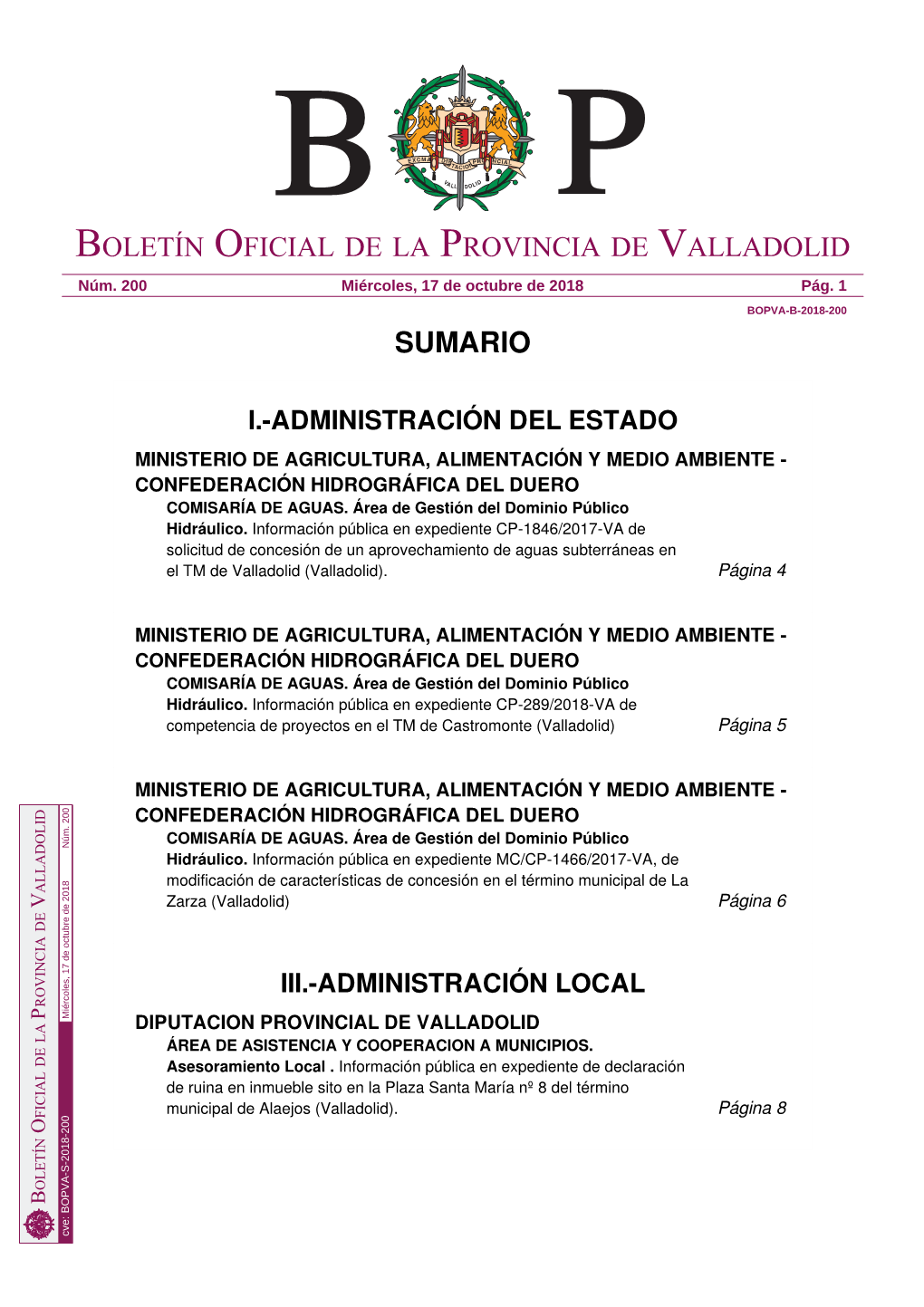 Sumario Boletín Oficial De La Provincia De Valladolid