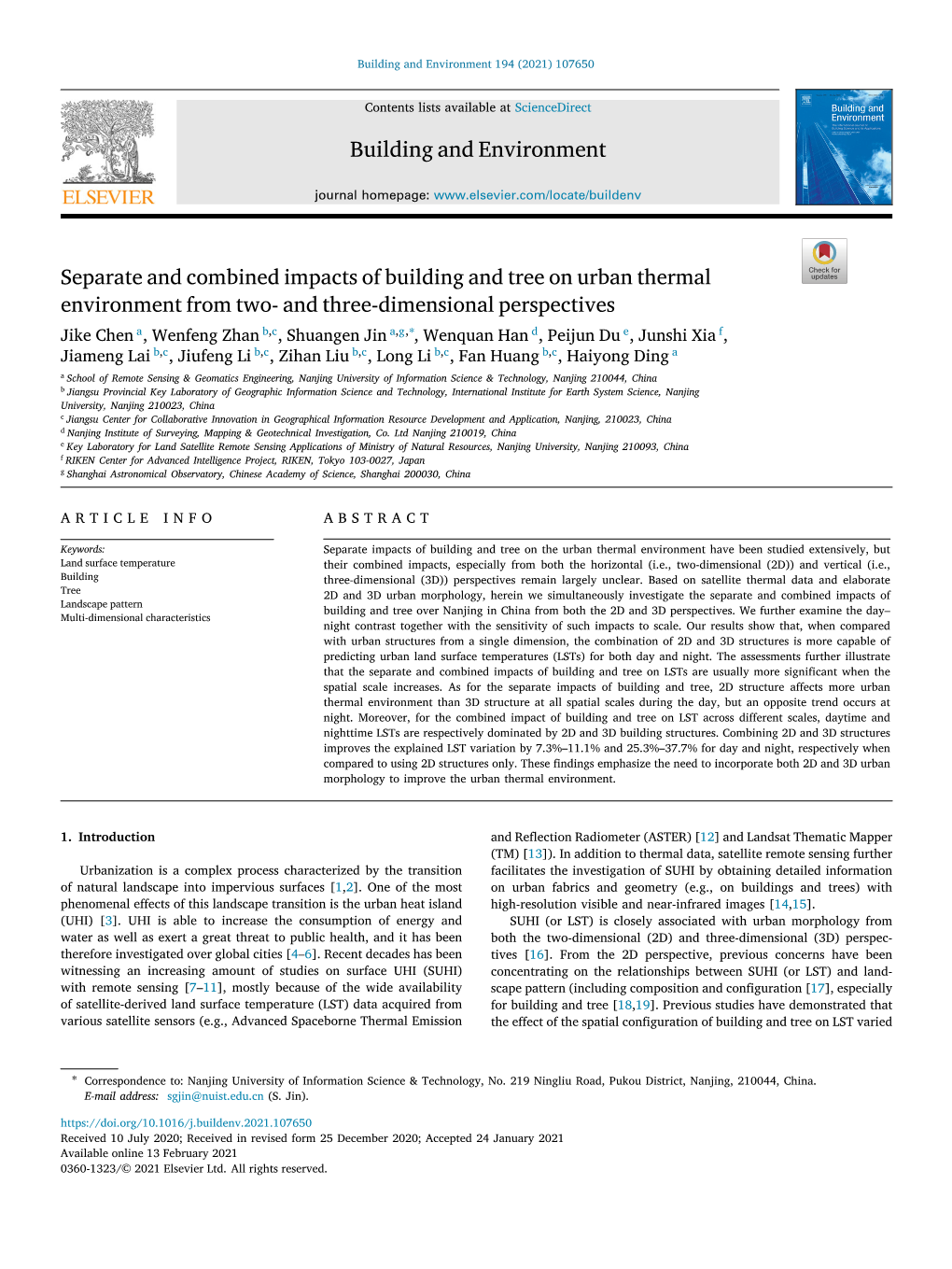 Separate and Combined Impacts of Building and Tree on Urban Thermal Environment from Two- and Three-Dimensional Perspectives