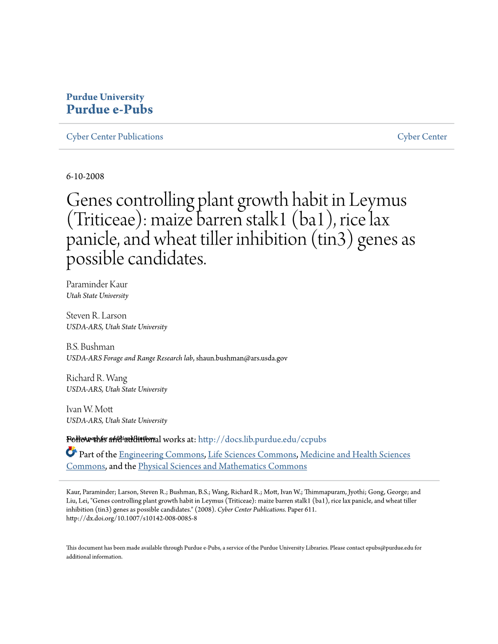 Genes Controlling Plant Growth Habit in Leymus (Triticeae)